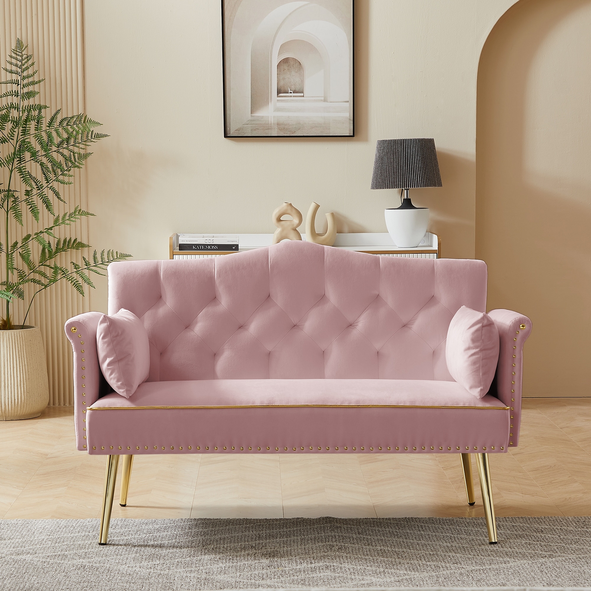 Contemporary 2-Seater Sofa with Tufted Design, Velvet Fabric, and Metal Legs