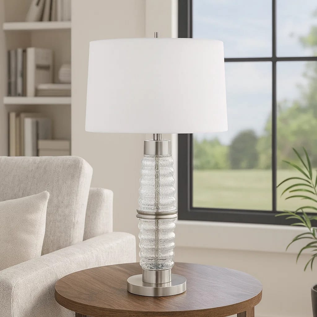 Maci 29 Inch Table Lamp, Accent Crackled Clear Glass, White Drum Shade