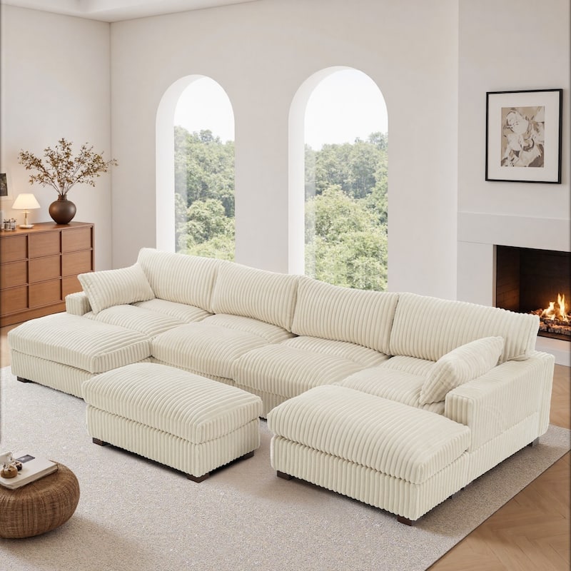 Oversied Plush Corduroy Fabric Modular Sectional Sofa with Chaise, Ottoman - Left Facing - White-6 Pieces