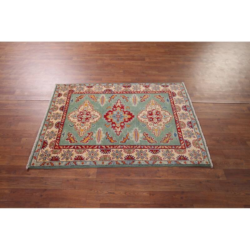 Light Green Kazak Accent Rug Handmade Wool Carpet - 3'5" x 4'11"
