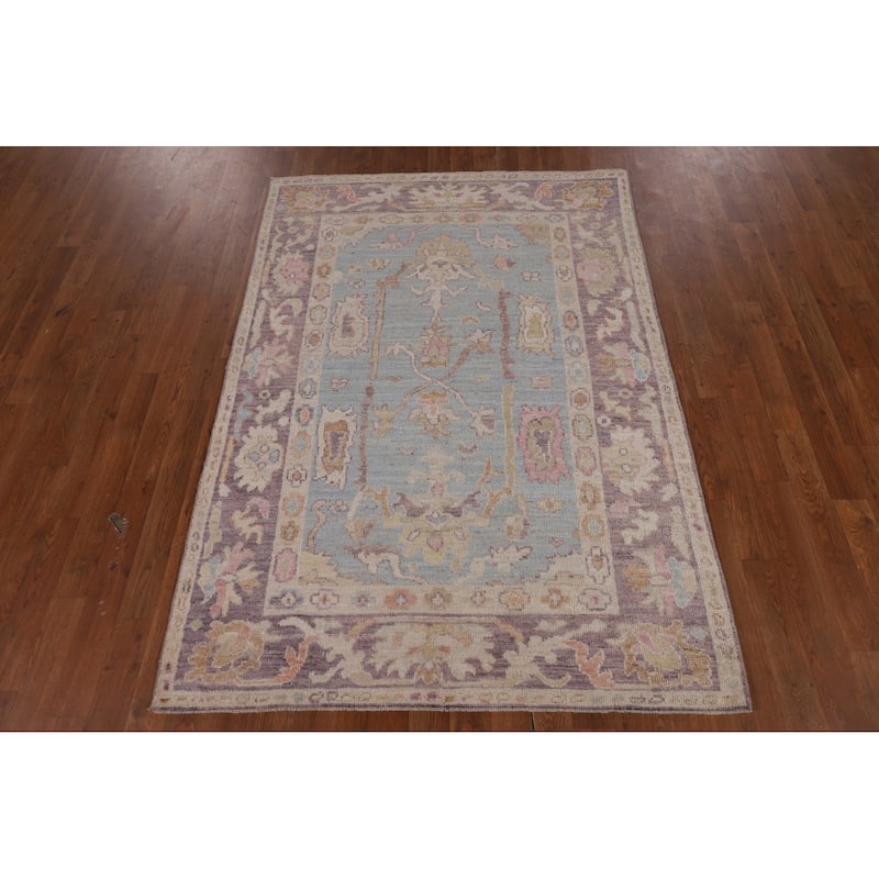 Light Blue Oushak Vegetable Dye Area Rug Hand-Knotted Wool Carpet - 4'1"x 5'9"