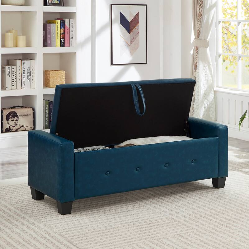 Tufted Faux Leather Storage Ottoman Bench for Bedroom, Living Room & Hallway, 48" Multifunctional Upholstered End of Bed Bench