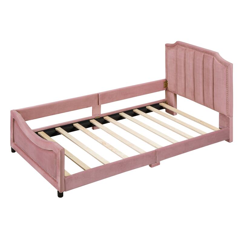 Twin Size Upholstered Daybed with Classic Stripe Headboard, Pink