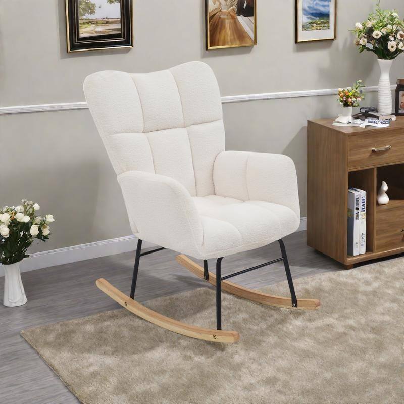 Polyester Rocking Chair with High Backrest and Padded Seat - Beige