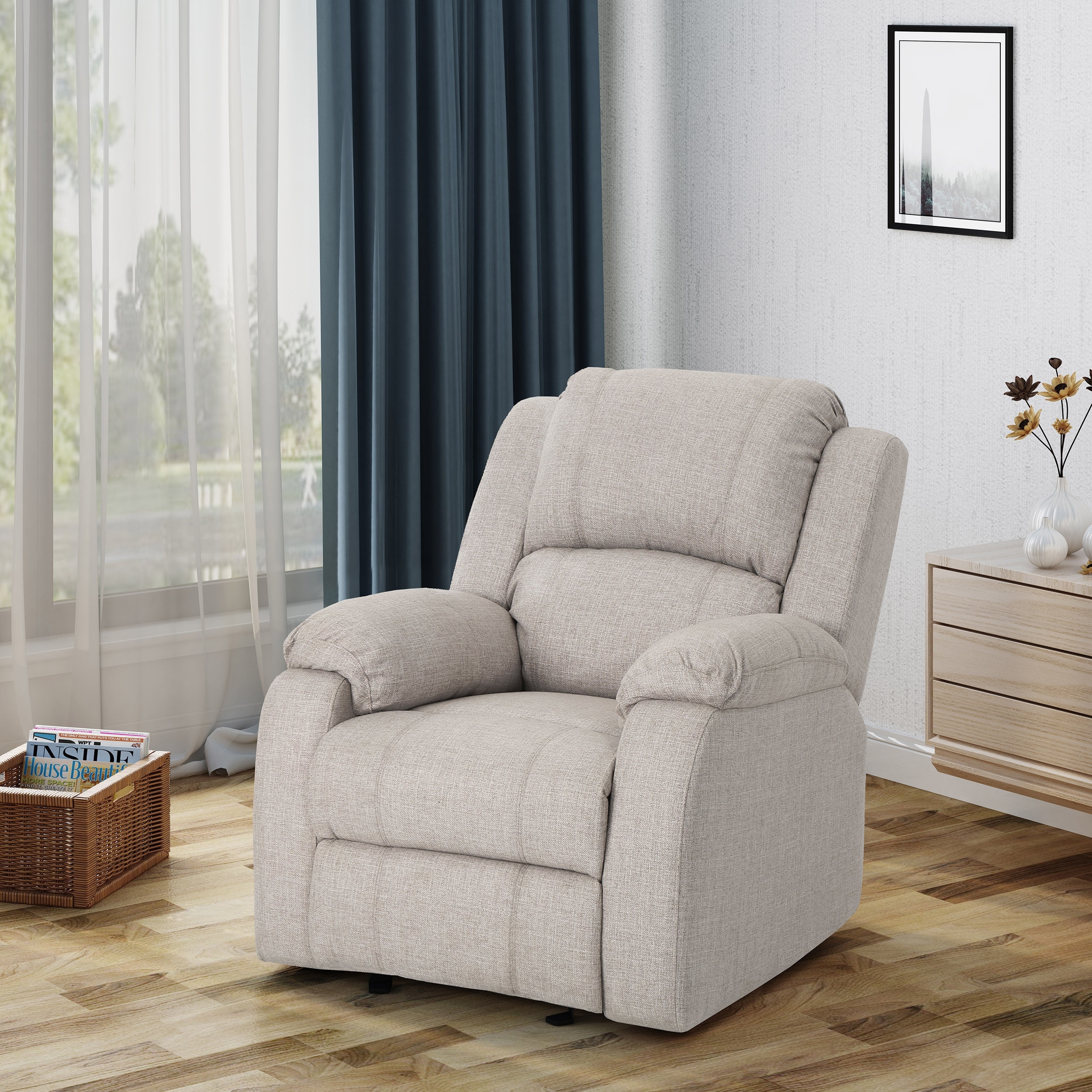 Roomfitters Manual Recliner Chair with Plush Beige Linen Fabric, Compact Armchair for Small Spaces