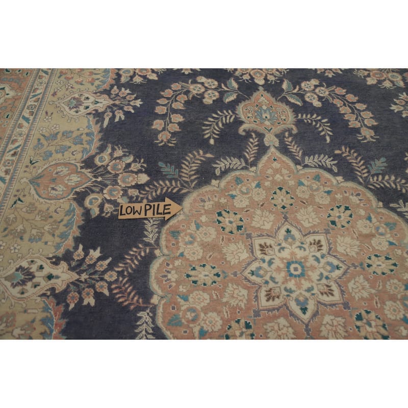 Hand Knotted Oriental 100% Wool Carpet Traditional Floral Navy Blue & Blues Tabriz Area Rug - 12' 1'' X 9' 4''