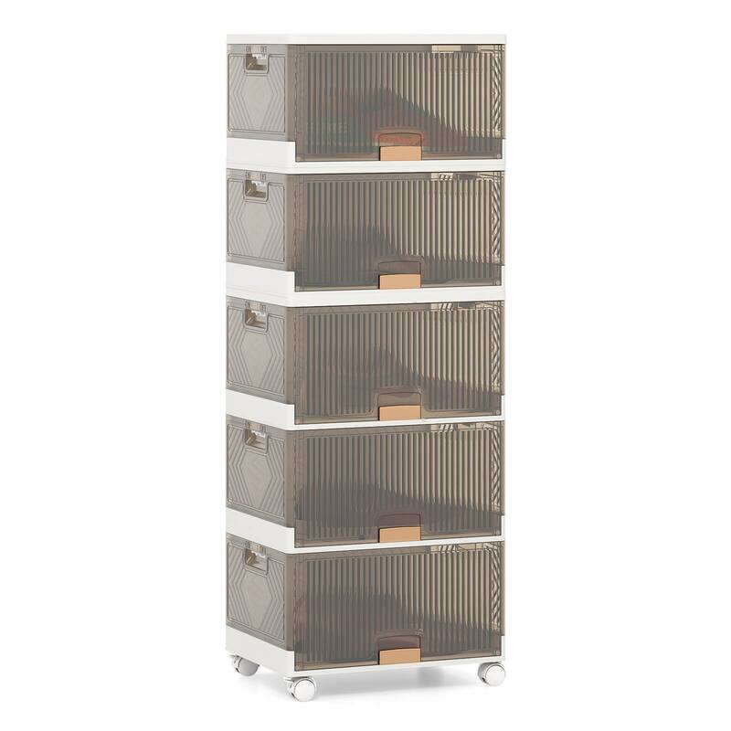Costway 5-Cube Stackable Storage Bins with Detachable Wheels 13.5Gal - See Details - White + Brown - See Details