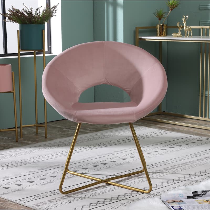 Pink Modern 28" Polyester Upholstered Accent Chair with Gold Tone Finished Base and Metal Sled Legs