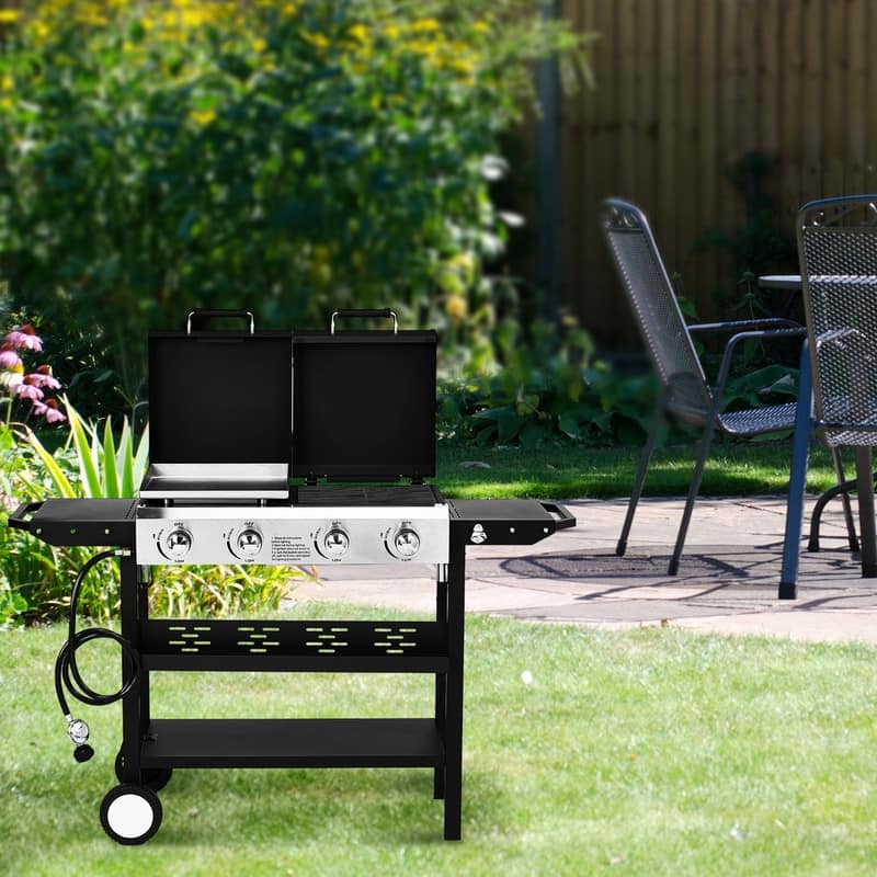 4 Burner 2-in-1 Propane Grill and Griddle Combo Standing with Lid