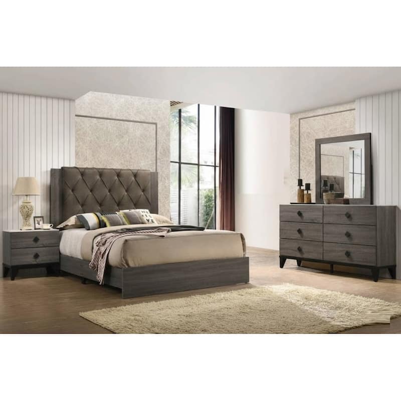 Contemporary Style 4pc Bed Set Upholstered Headboard Diamond Knobs Handles Gray Finish Bedroom Furniture