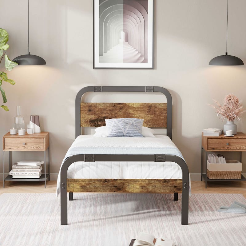 Industrial Platform Bed with Strong Metal Support, Wooden Headboard and Footboard - Black - Twin