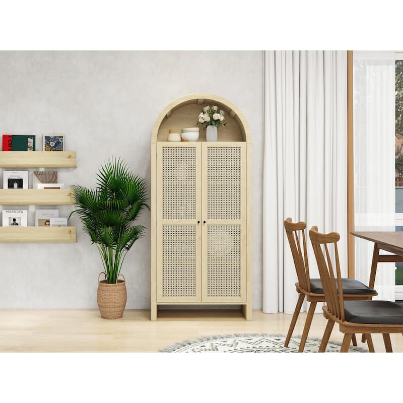 Roomfitters 70.28" Tall Arched Kitchen Pantry Cabinet, Modern Farmhouse Storage Cabinet with Glass Doors, Natural