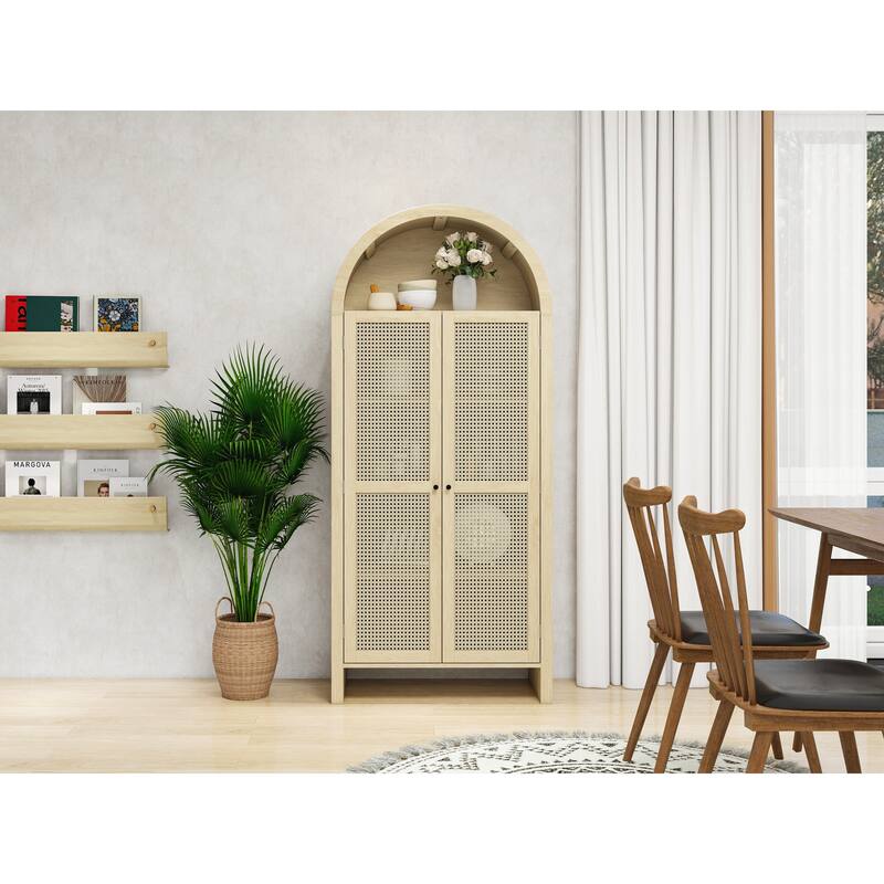 Wooden Arched Kitchen Pantry Cabinet, Storage Cabinet with 2 Rattan Doors, Freestanding Cupboard with 2 Adjustable Shelves