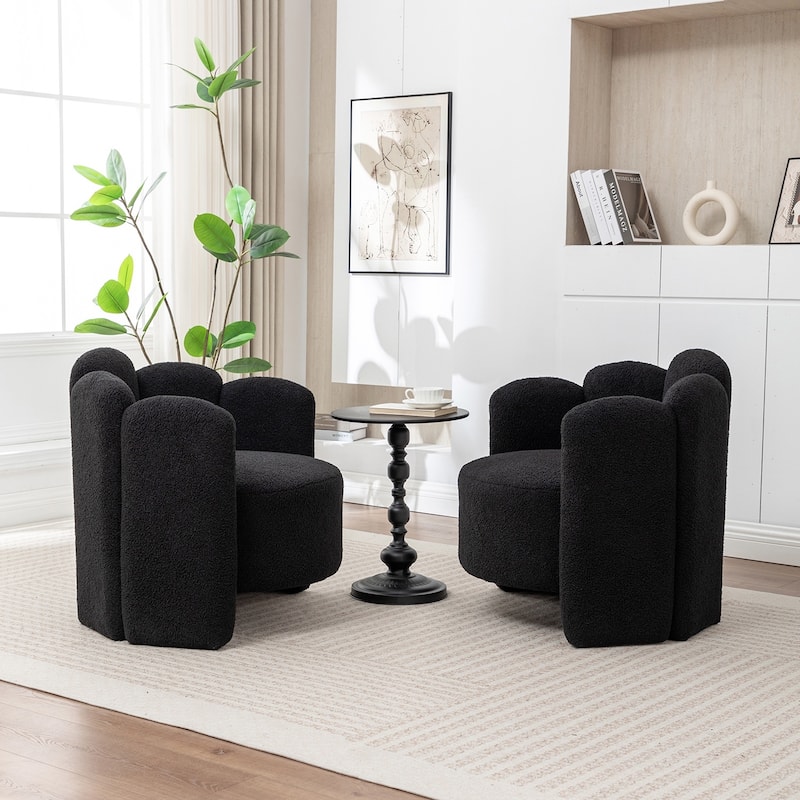 SEYNAR Modern Glam Teddy Fabric Upholstered Round Accent Chair with Flower Shaped Back Design Set of 2