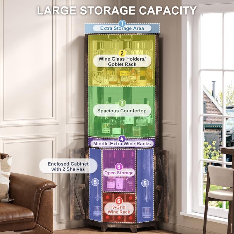 72" Corner Bar Cabinet with Barn Door, Farmhouse Wine Storage Cabinet with Mirror, Glass Rack and Wine Bottle Organizer