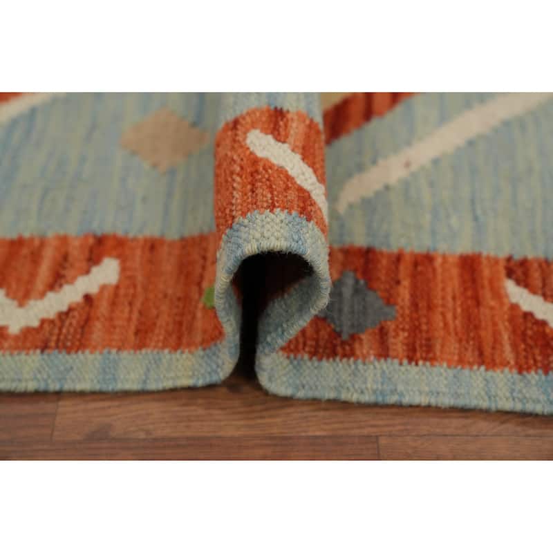 Hand Woven Oriental 100% Wool Carpet Southwestern Tribal Navy Blue & Blues Kilim Runner Rug - 8' 2'' X 2' 0''