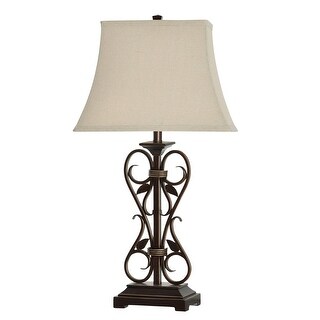 StyleCraft Alhandra Dark Bronze Table Lamp - White Linen Shade - Bed