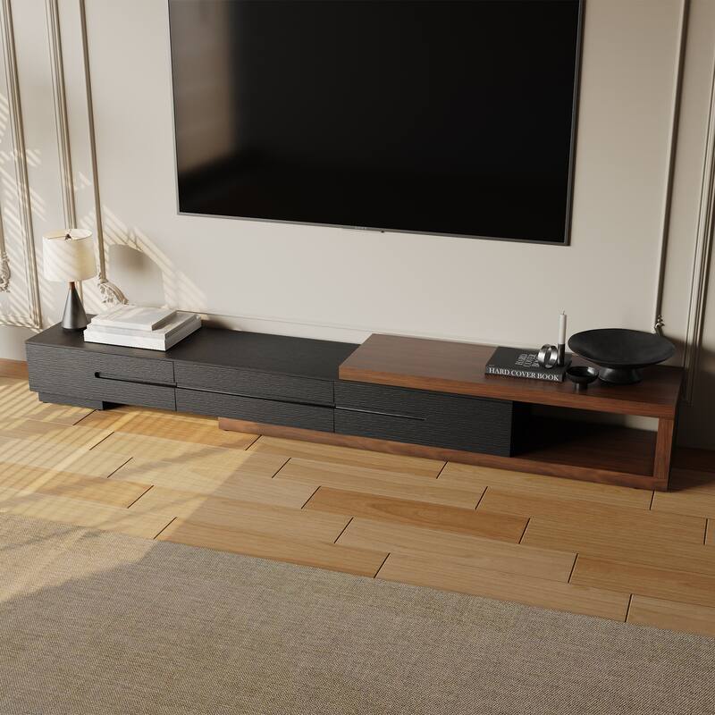 Modern Extendable TV Stand, Solid Wood Media Console for Up to 100 Inch TV with 3 Drawers, Fully-Assembled, Walnut Veneer