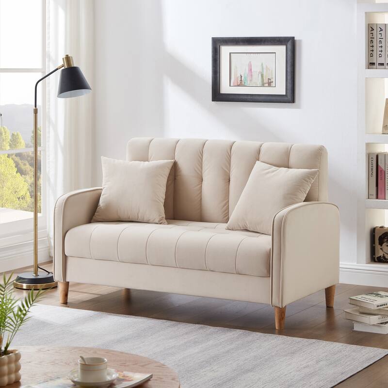 Modern Loveseat, Velvet Tufted Couch Upholstered Futon Sofa with 2 Tufted Pillow for Living Room 2-seat Armchair - Beige