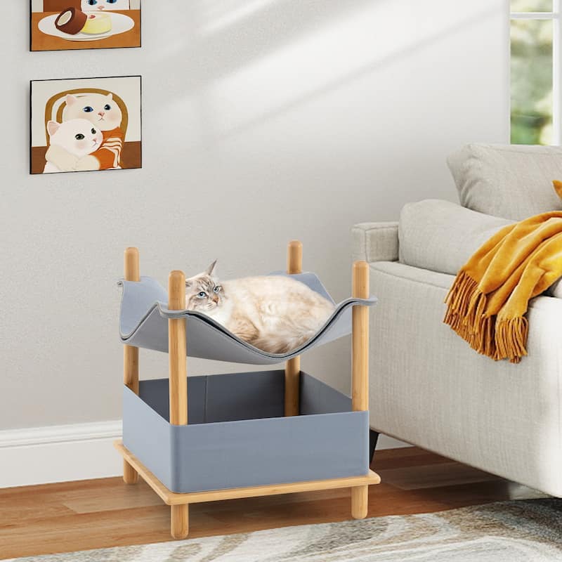2-Tier Cat House with Semi-enclosed Condo and Removable Bedding - 18" x 18" x 21"
