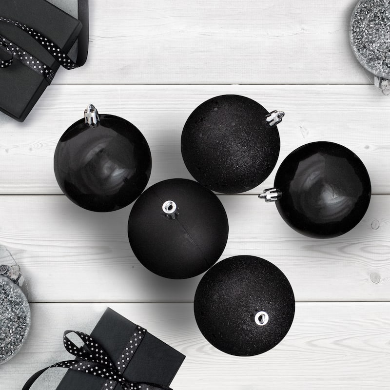 Shatterproof 4-Finish Christmas Ball Ornaments - 4" (100mm) - Black - 12ct