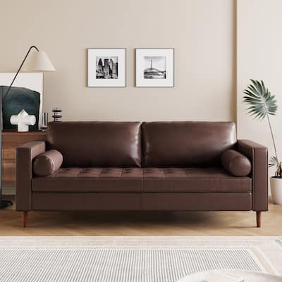 Mirod Mid-Century Modern PU Leather 3-Seat Sofa, Tufted Design, Solid Wood Legs, 2 Bolster Pillows