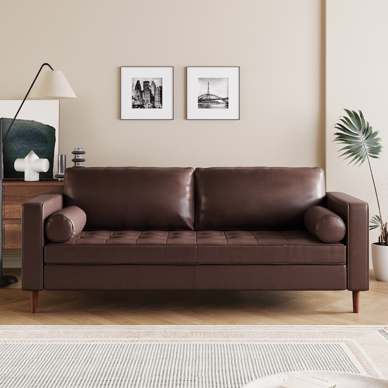 Roomfitters Mid-Century PU Leather Sofa, 3-Seater Couch with Tufted Seat, Bolster Pillows and Solid Wood Legs - Dark Brown