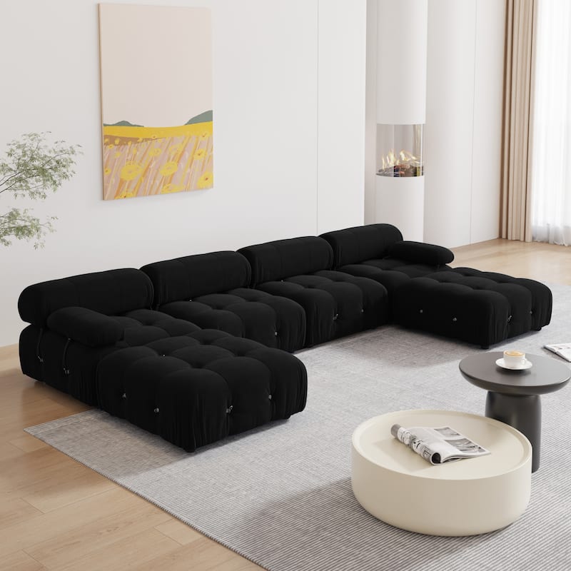 Black Velvet Upholstered Sectional Sofa - 4seat+2ottoman