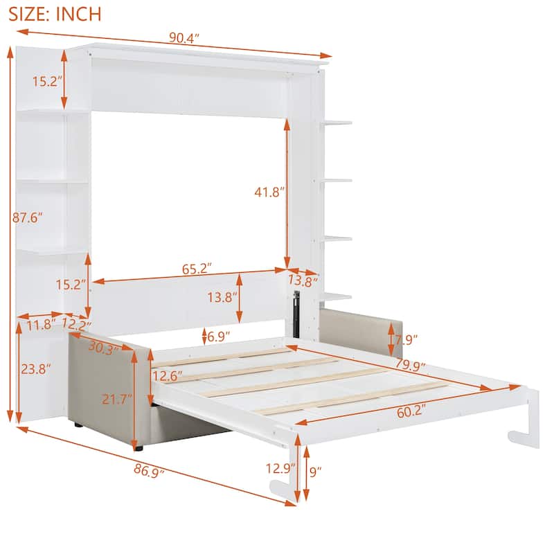 Queen Size Murphy Bed with Sofa, LED Lights & Shelves