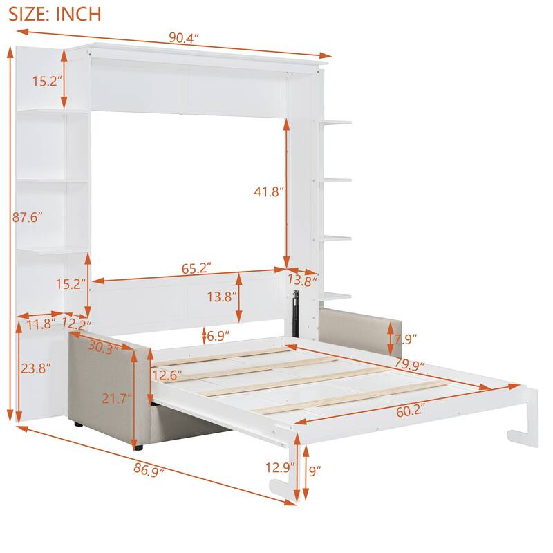 Space-Saving Queen Size Murphy Wall Bed with Sofa and Storage Shelves, LED Lights, and Foldable Cushions