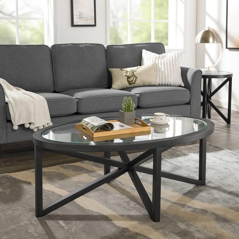 Modern Tempered Glass Coffee Table with Solid Wood Base Round Transparent Glass Top