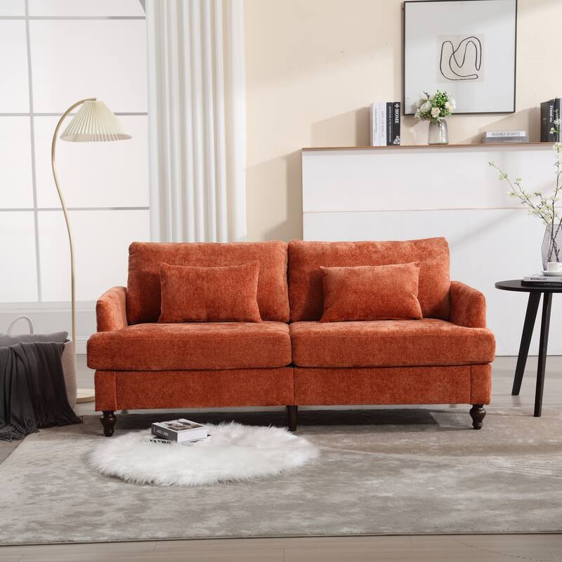 Orange Modern Chenille 68.9'' 2-Seater Sofa: Detachable Cushions, Solid Wood Frame, and Brown Wooden Legs