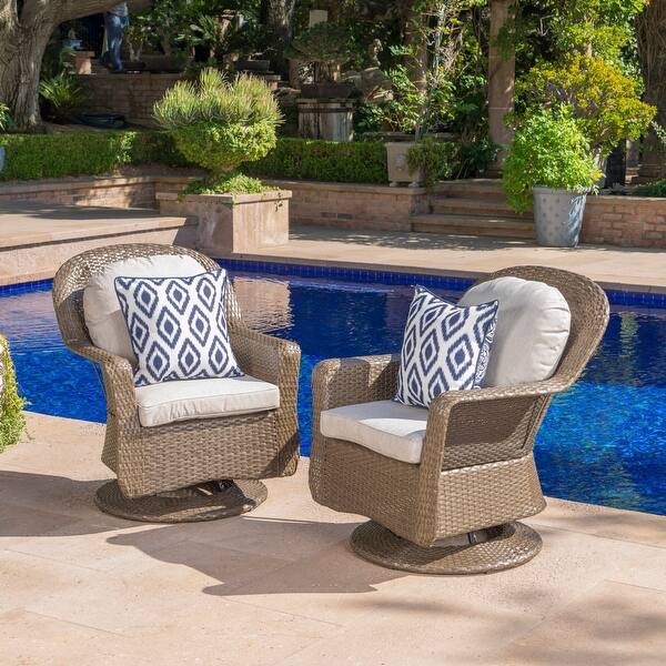 Liam Outdoor Brown Wicker Swivel Club Chairs with Water Resistant