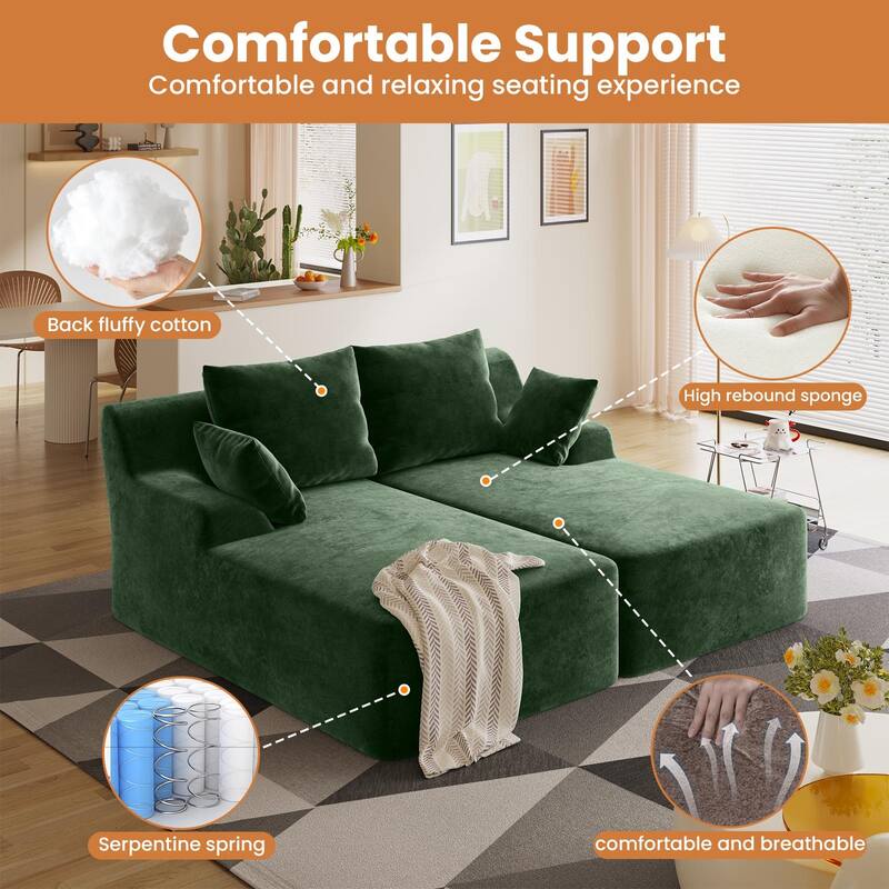 Velvet Dual Chaise Sofa Bed, Sleeper Sofa with Thicked Cushions and Throw Pillows, Deep Seat Lounge Loveseat Sofa - Green