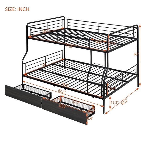dimension image slide 3 of 6, Full XL Over Queen Metal Frame Bunk Bed with Ladder and Guardrails