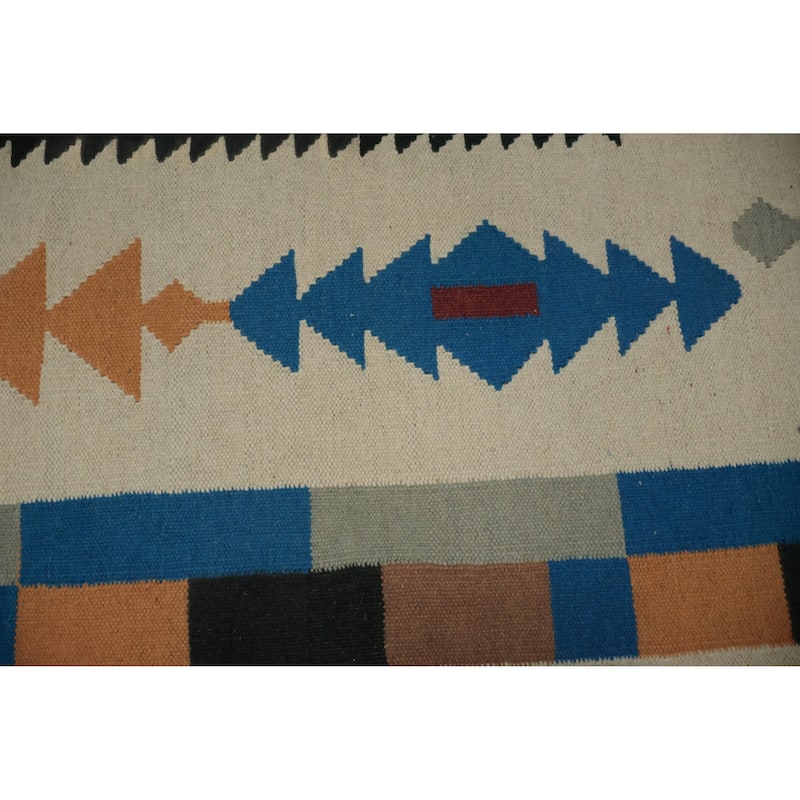 Hand Woven Oriental 100% Wool Carpet Southwestern Tribal Beige & Ivories Kilim Area Rug - 12' 3'' X 5' 5''
