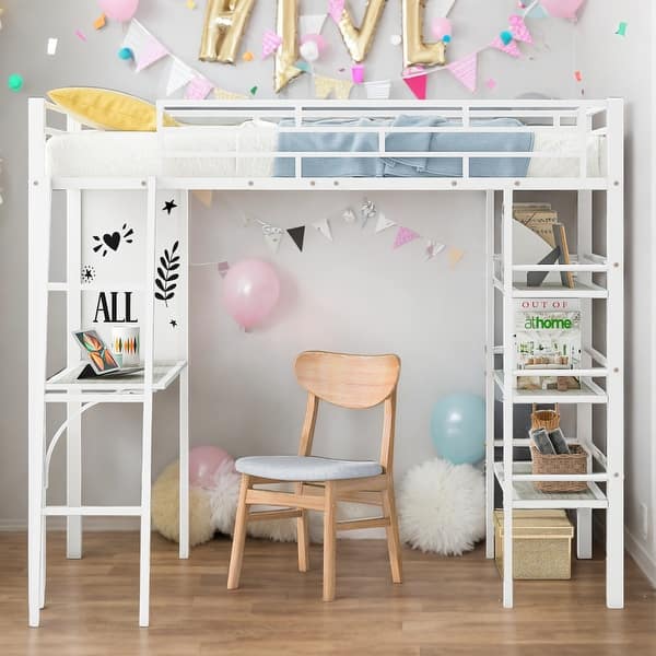slide 2 of 10, Twin Size Loft Metal Bed with 3 Layers of Shelves and Desk, Stylish Metal Frame Bed with Whiteboard,Easy Assembly,White White