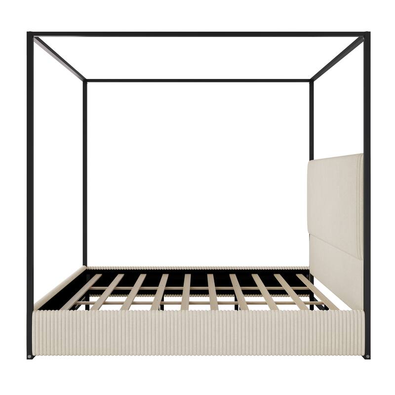 Queen/King Modern Luxury Metal Canopy Bed with Tall Corduroy Upholstered Headboard and Gold Four Poster, No Box Spring Needed