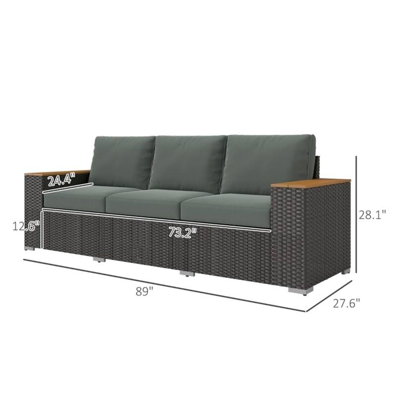 3-Seater Outdoor Rattan Sofa PE Wicker Galvanized Steel Frame Patio Deck Garden Couch with Cushions