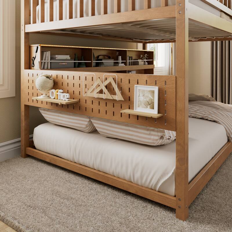 Wooden Full Over Full Bunk Bed Frame for Kids with Integrated Shelving, Light Strip, Pegboard, Full-Length Guardrails and Ladder