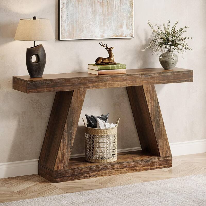 55"Farmhouse Console Table with Storage -Rustic Wooden Sofa Table for Entryway,Hallway,or Living Room, Industrial Accent Table - Dark Brown