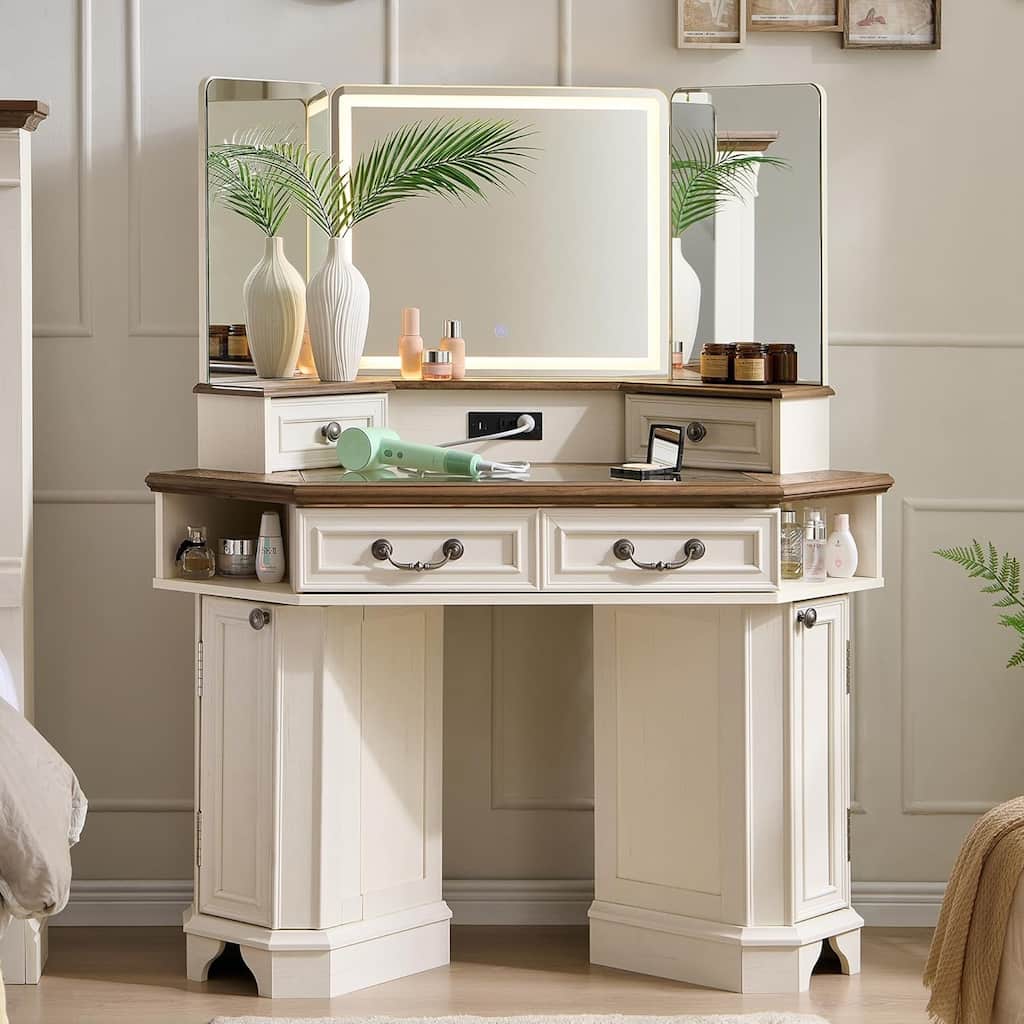 Makeup Vanity Desk with 3 Way Mirror, Glass Top & Charging Station
