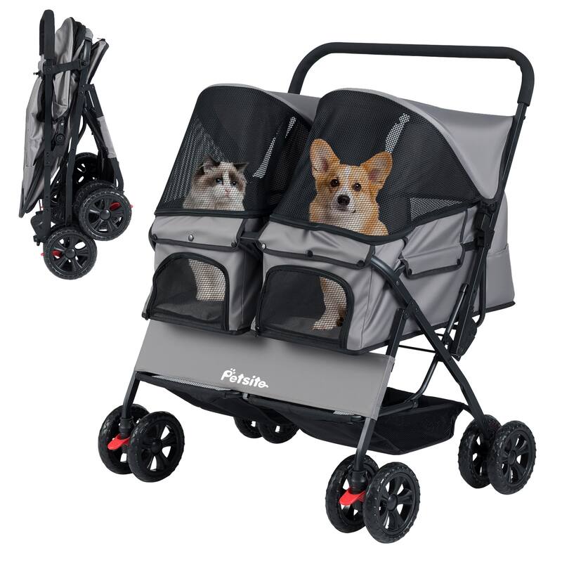 Gymax Double Pet Stroller w/ 2-seater Carrier Adjustable Sunshade - Grey