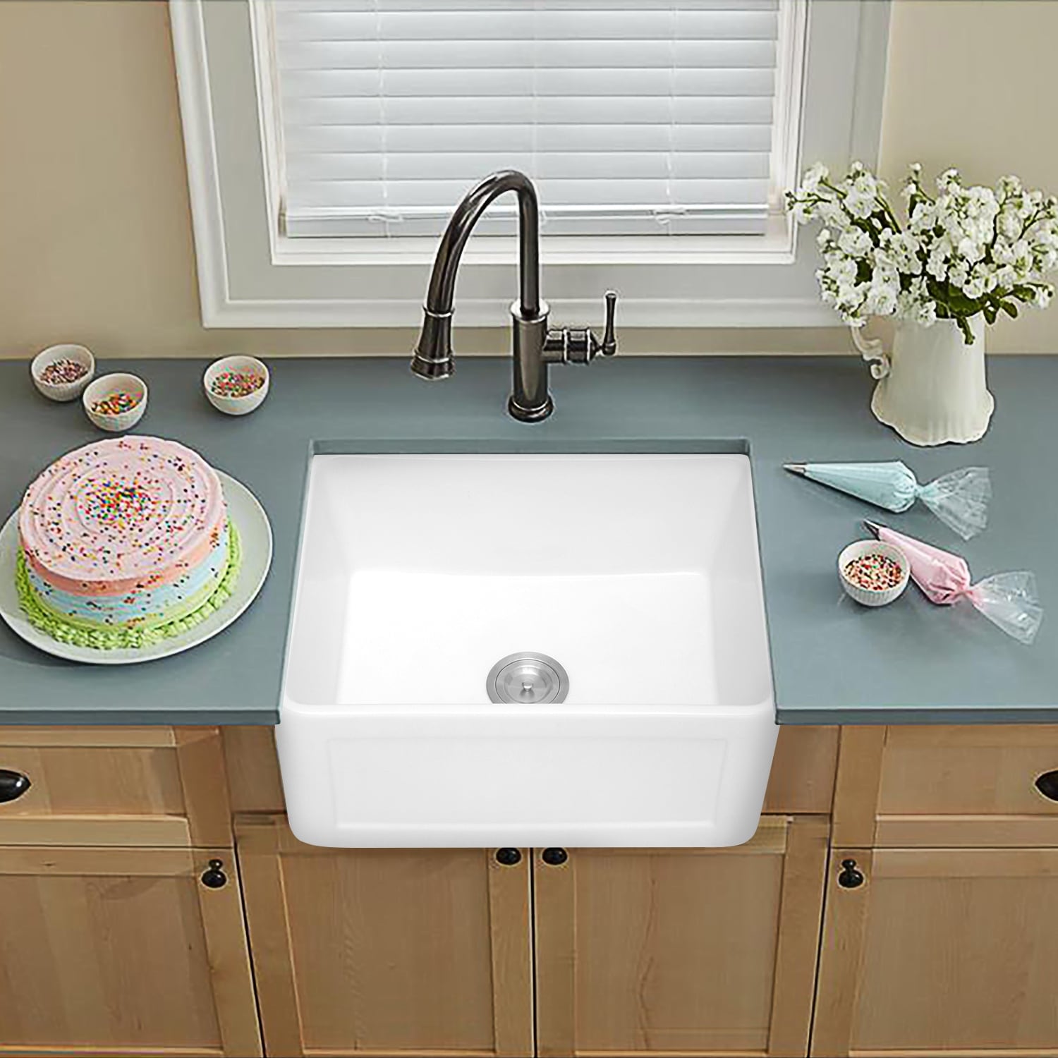 S6045w Klxhome 24 Inch Farmhouse Kitchen Sink White Porcelain Ceramic Apron Front Farmhouse Undermount Single Bowl Single Bowl Tools Home Improvement