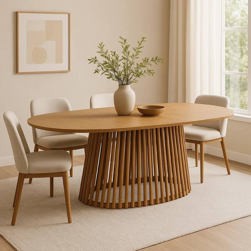 Lev Dining Table, 79 Inch Oval Top, Pedestal Base, Natural Brown Wood - Natural Brown