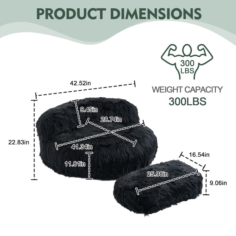 Plush Upholstered Round Comfort Lounger Bean Bag Chair with Ottoman