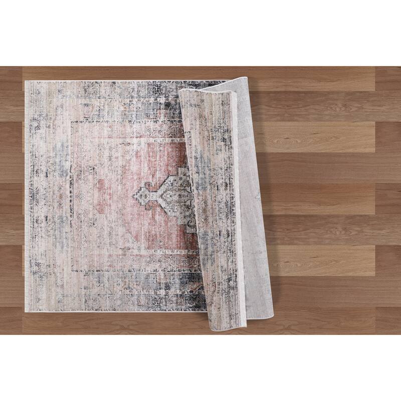 Anna Collection Traditional Beige/Red/Grey Area Rug