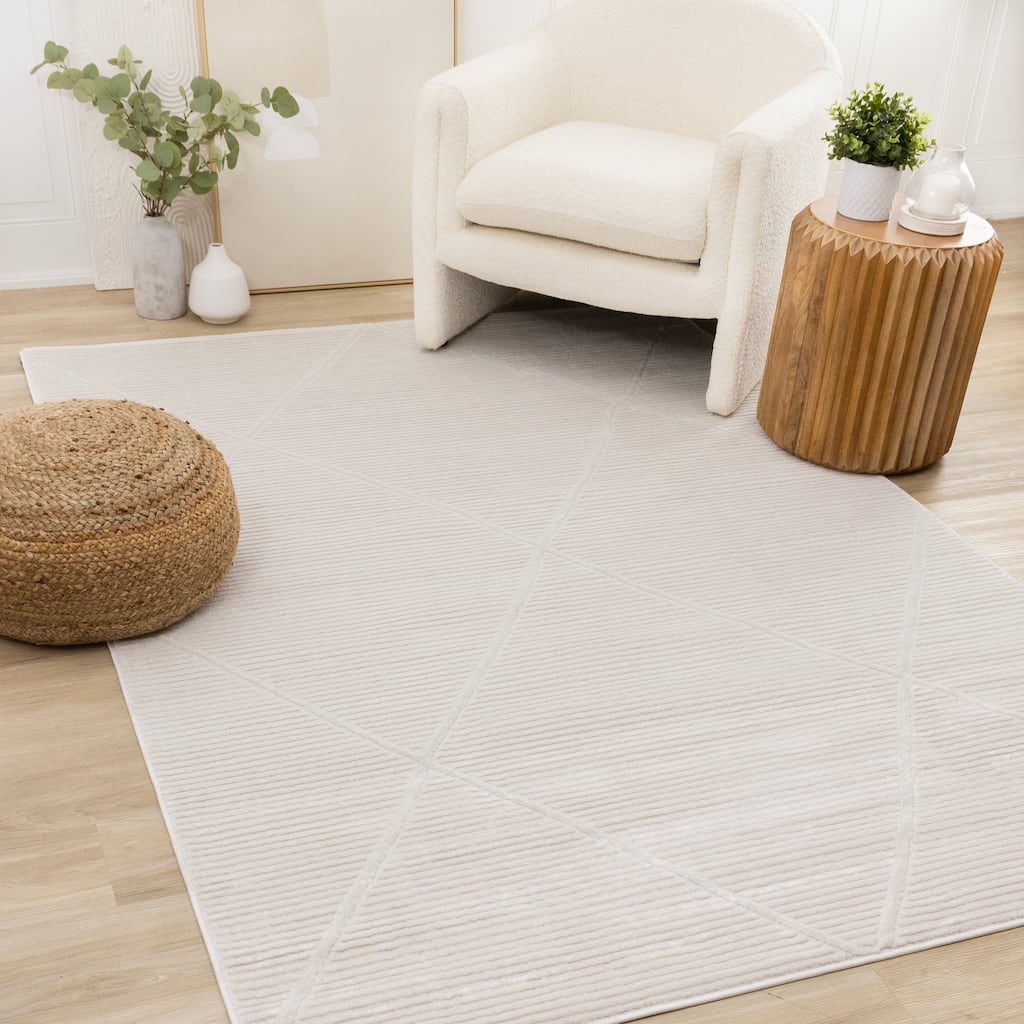 Leonardo White Grey Striped Trellis Neutral Area Rug