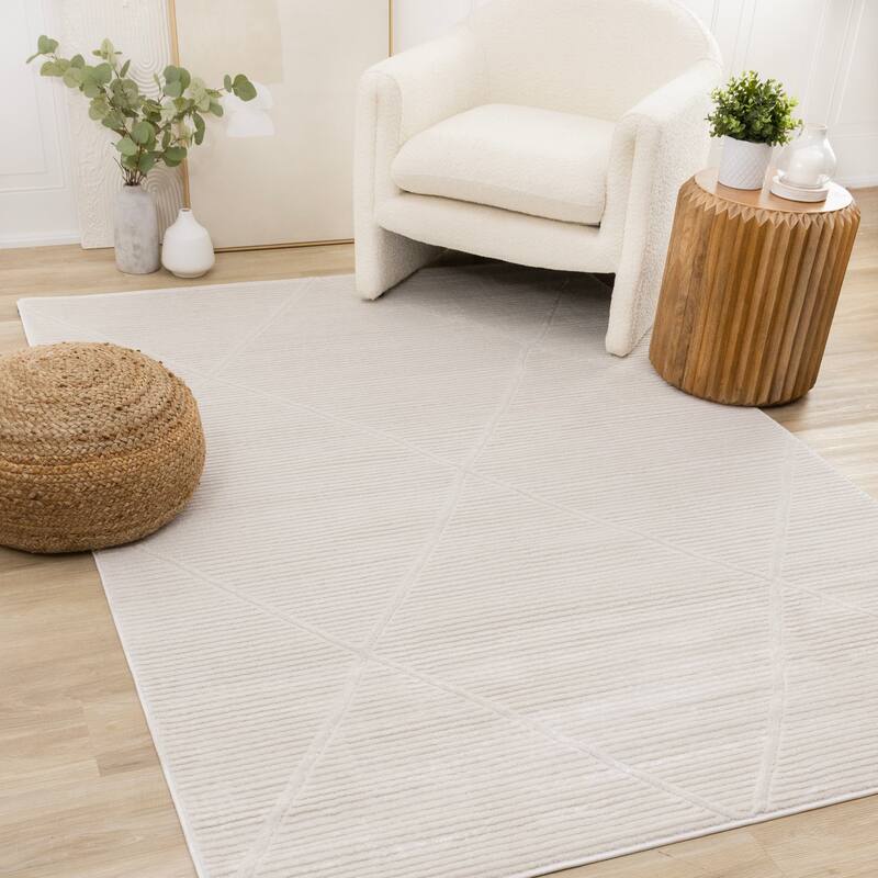 Leonardo White Grey Striped Trellis Neutral Area Rug - 7'10'' x 10'6''