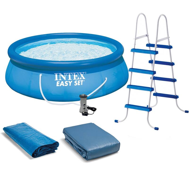 Intex Above Ground Swimming Pool, Ladder with Pump and 15’ Pool Debris Cover - 95